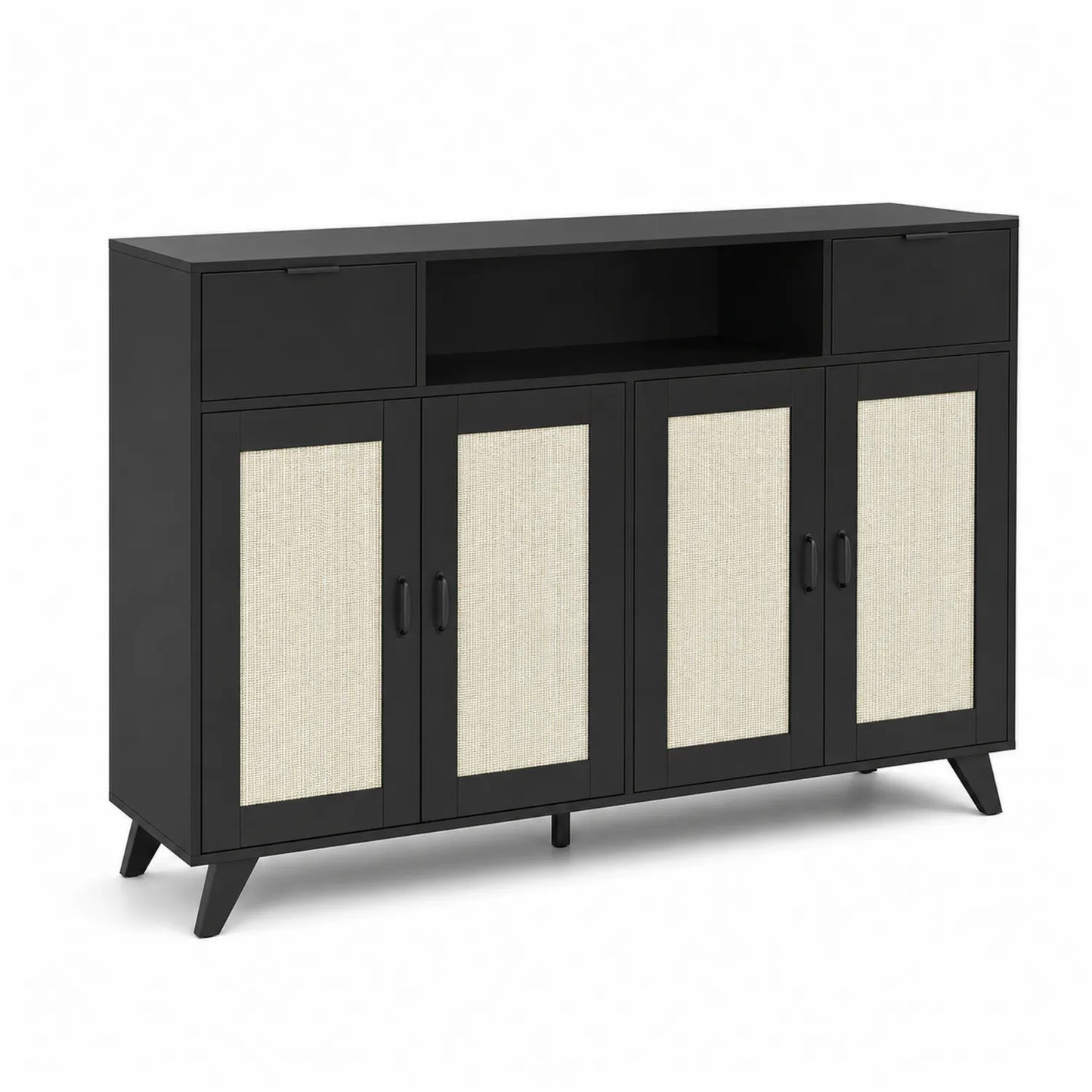 Buffet en Bois avec Portes en Lin Noir et Beige 120x40x80 cm