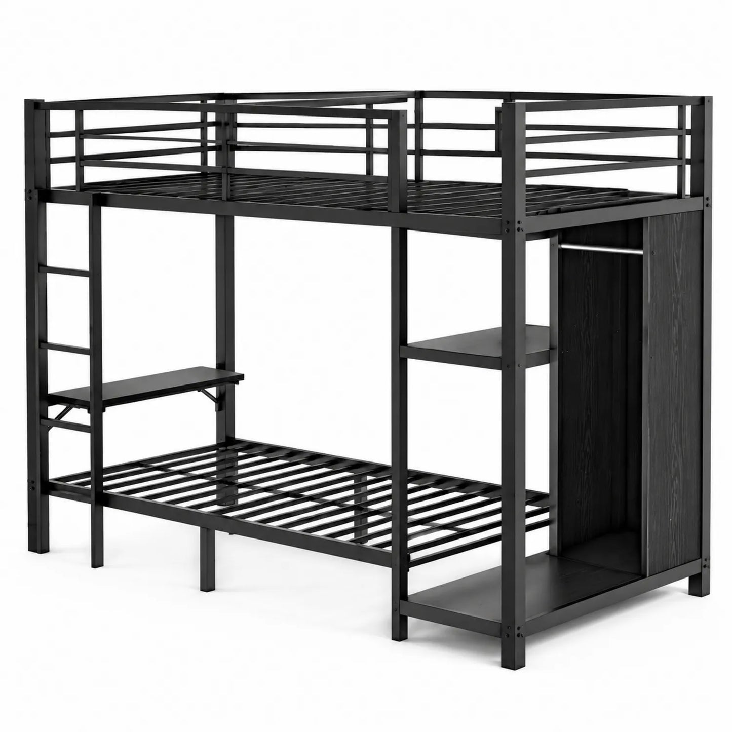 Lit superposé en métal noir avec étagères et armoire