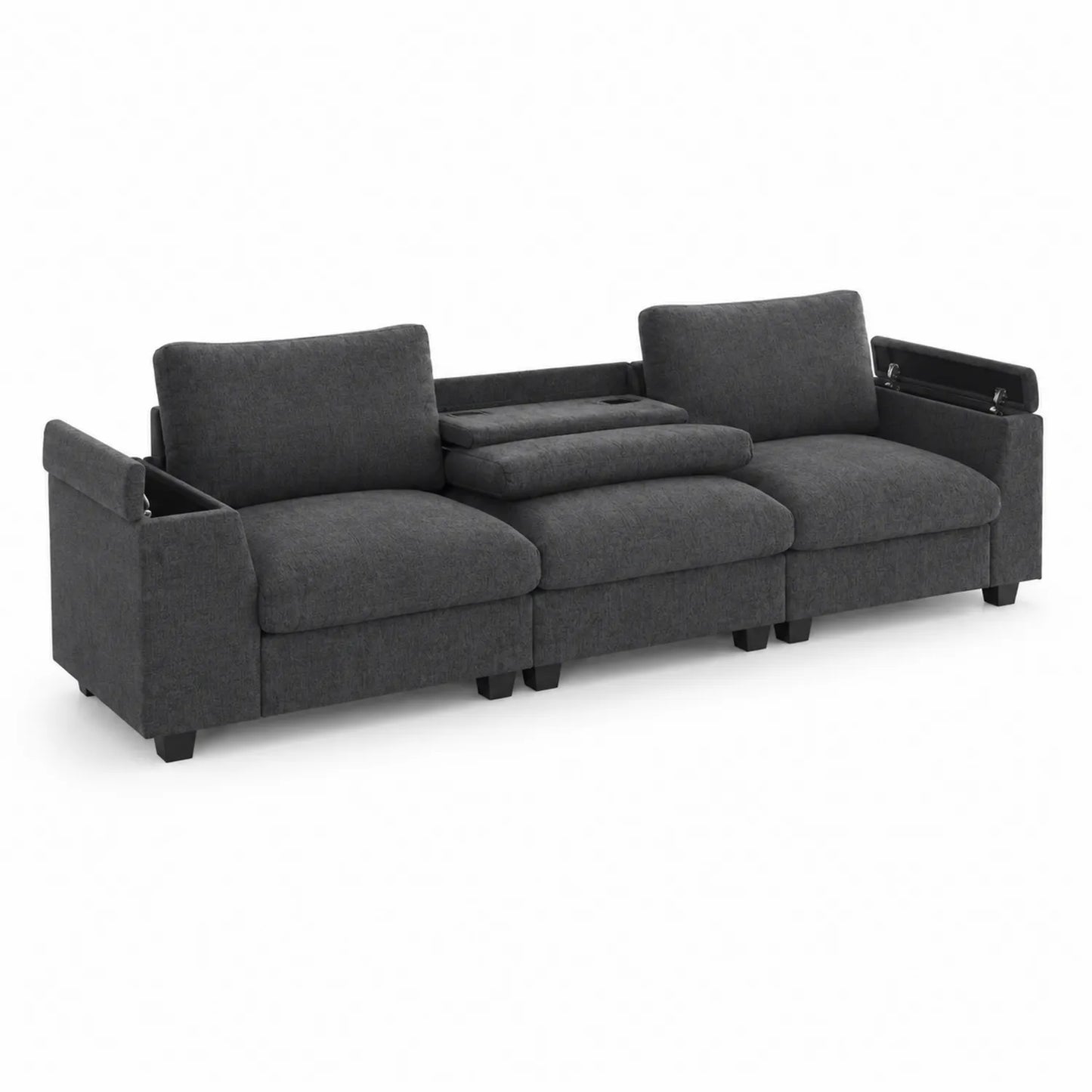 Canapé droit trois places en tissu polyester anthracite avec rangement intégré