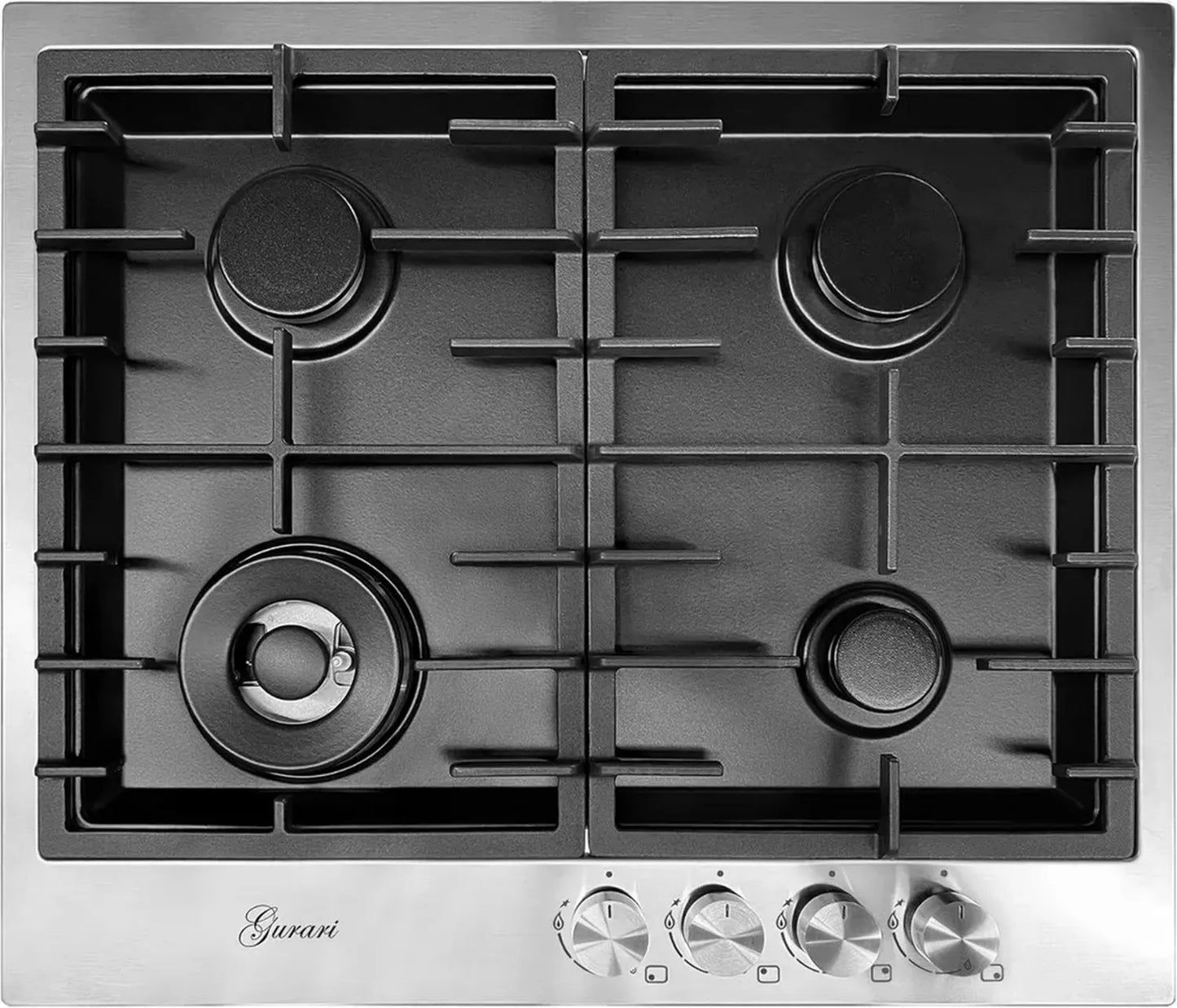 Plaque de cuisson à gaz 60 cm en inox, 4 brûleurs, WOK 4,0 kW