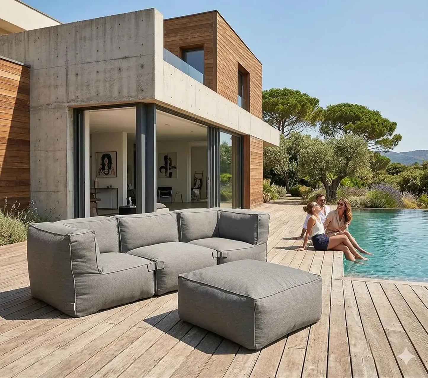 Ensemble de Jardin PRAIANO - Salon Extérieur Modulaire 3/4 Places, Tissu Anti-UV et Imperméable, Gris