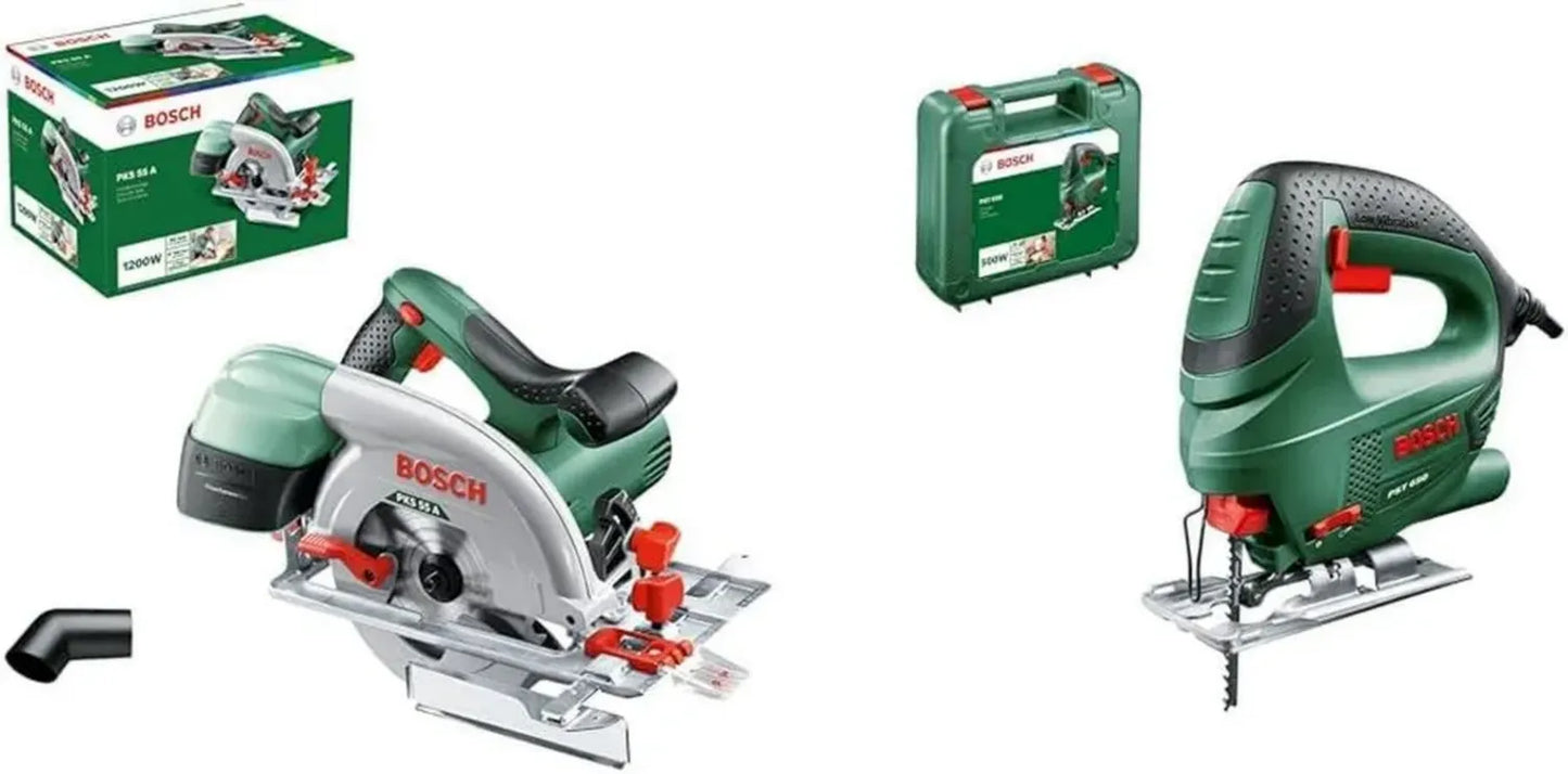 Ensemble de Scies Bosch: Scie Circulaire PKS 55 A 1200W et Scie Sauteuse PST 650 500W avec Accessoires