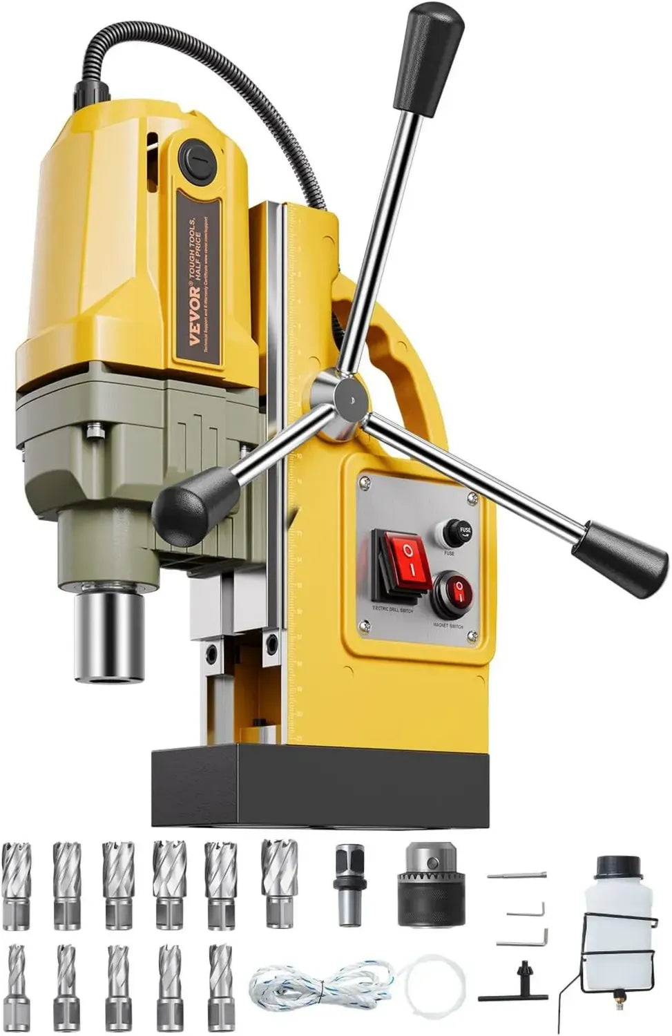 VEVOR Perceuse Magnétique Portable 1400W, Force 12500N, 800 tr/min, Alésage Max 40mm, Inclut 11 Forets pour Chantier