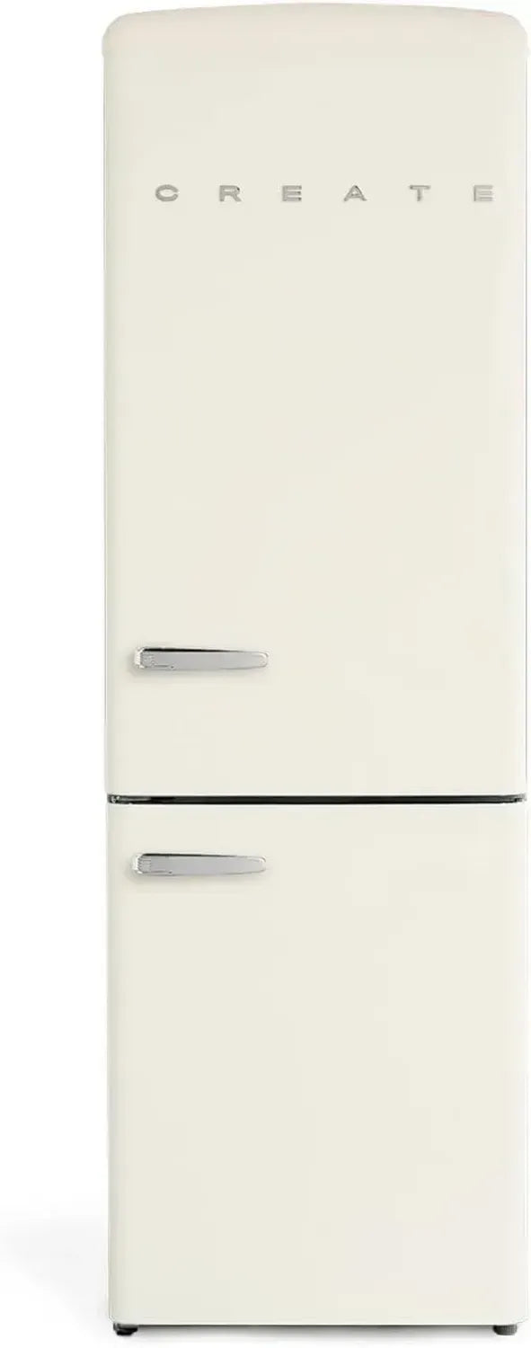 Réfrigérateur Combiné Vintage Blanc Cassé, Congélateur Inclus, Ouverture 135°, Grande Capacité 330L