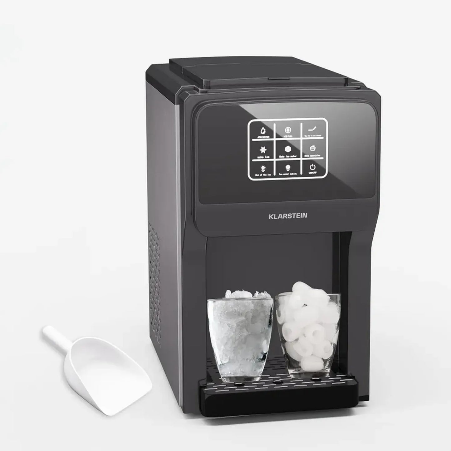 Machine à glaçons 3-en-1 Klarstein ArcticBlend, 20 kg/jour, glace pilée et distributeur d'eau, réservoir 6 L, inox, pour la maison, noir