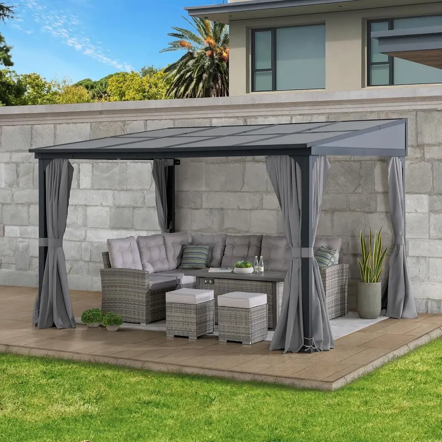 Pergola Murale en Aluminium 3x3,6m avec Toit en Polycarbonate et Rideaux