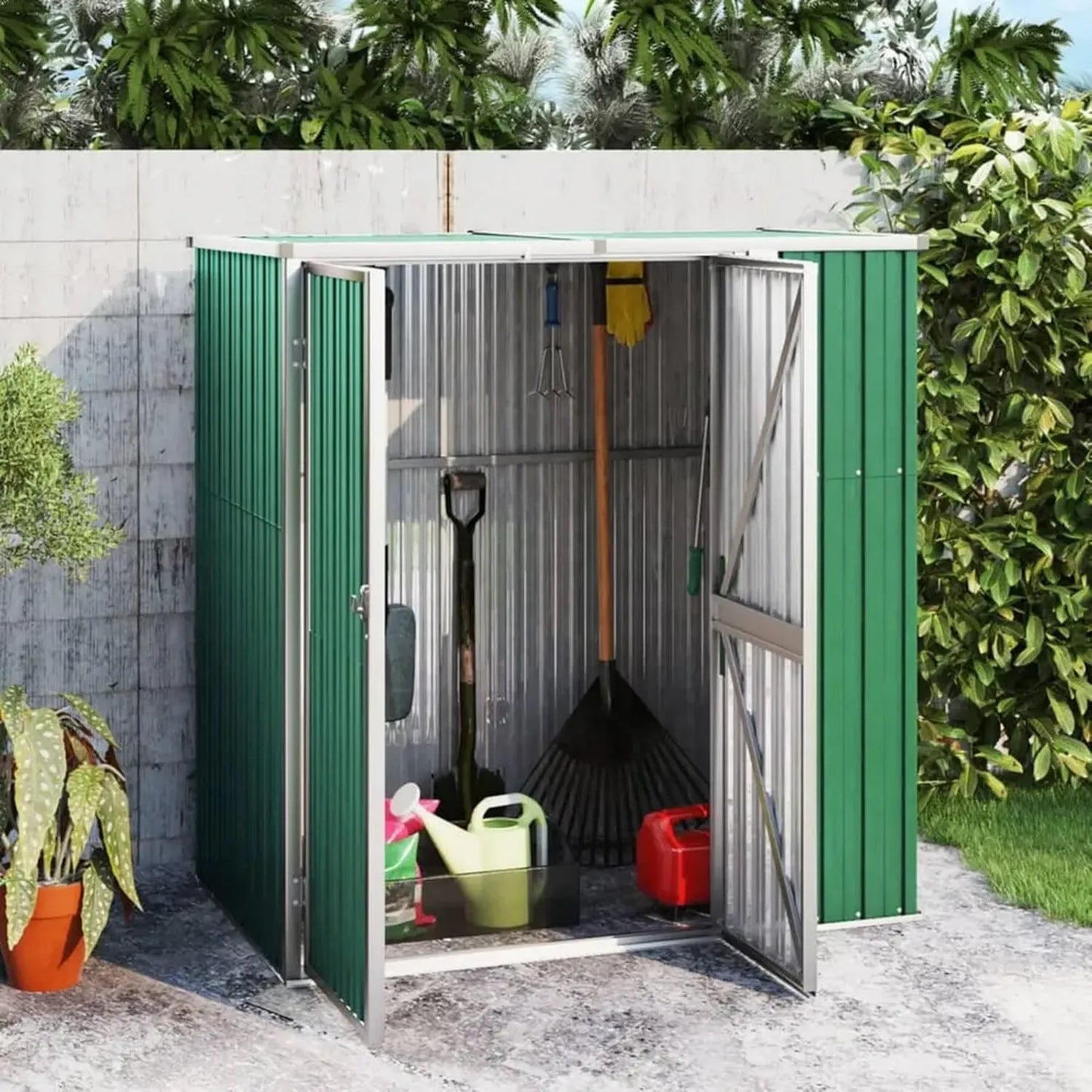 Cabane de Rangement Extérieure en Acier Vert avec Porte 161x89x161 cm