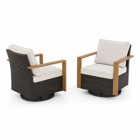 Chaises pivotantes en bois et résine tressée avec coussins beige