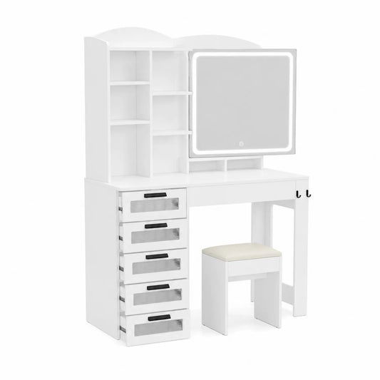 Coiffeuse en Bois avec Miroir LED et Tabouret Blanc