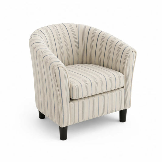 Fauteuil Club en Tissu Rayé Beige/Bleu avec Pieds en Bois