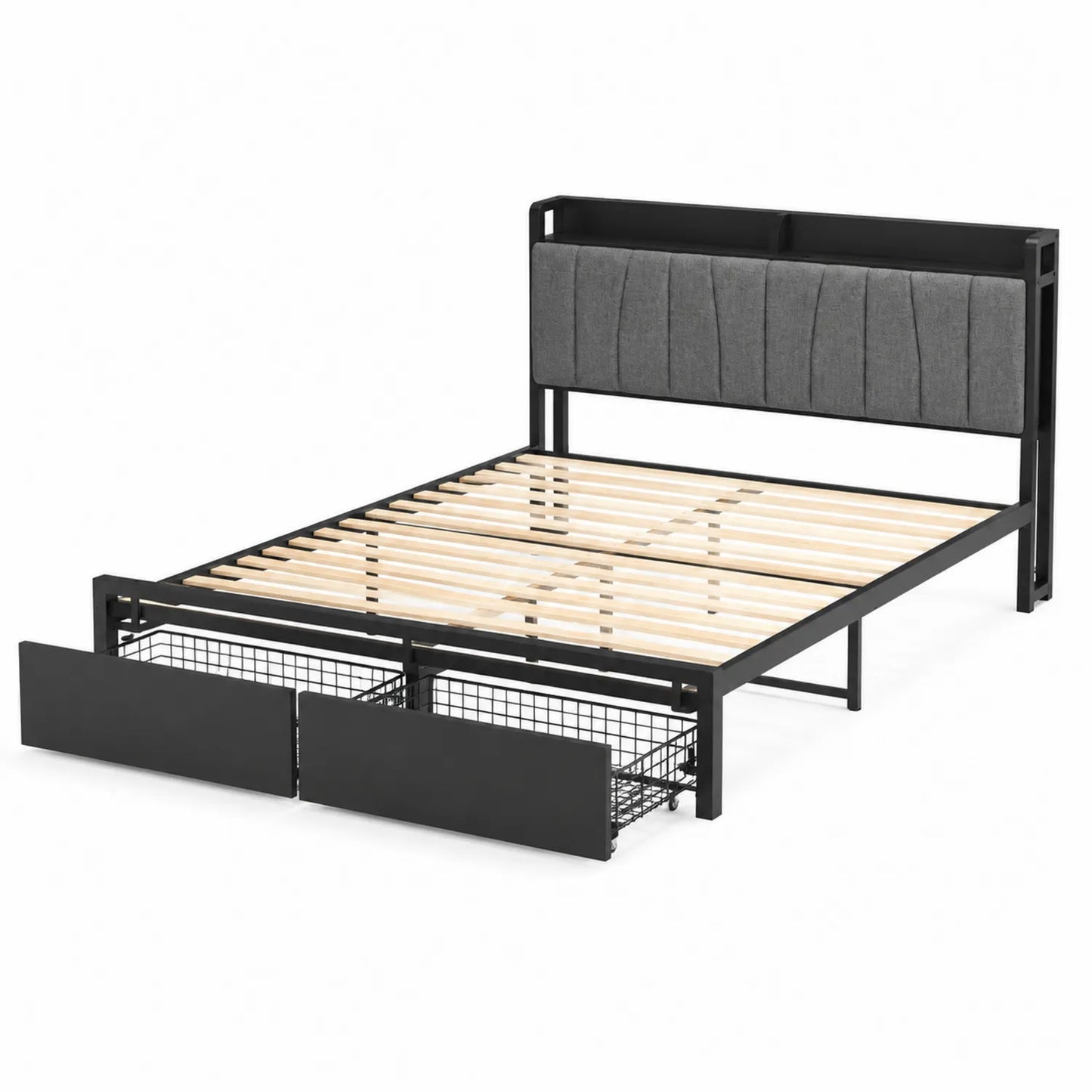 Lit double en métal avec tête rembourrée en tissu et tiroirs de rangement