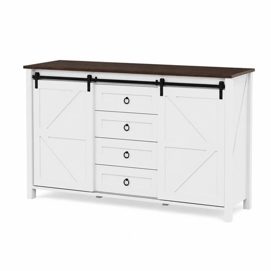 Buffet en bois MDF avec portes coulissantes et tiroirs Blanc/Marron