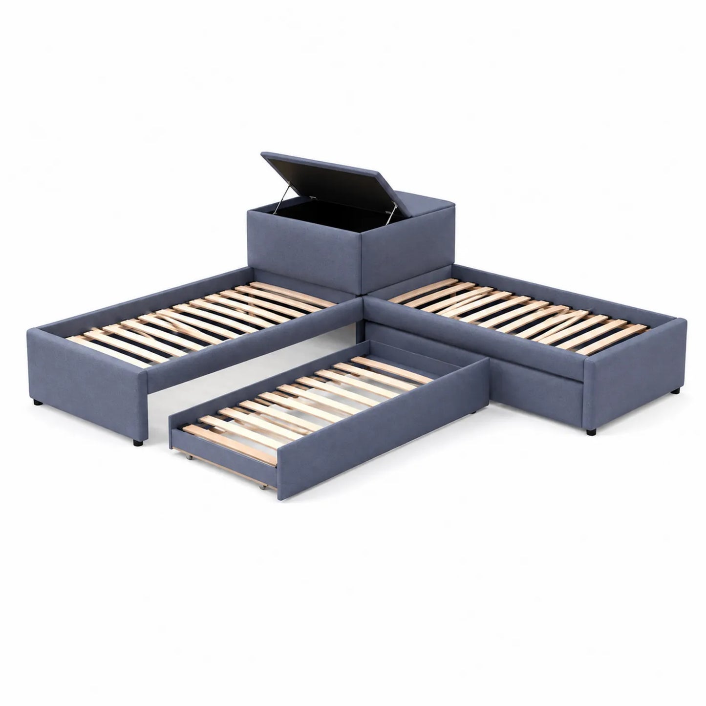 Lit gigogne modulable avec rangement en tissu polyester bleu
