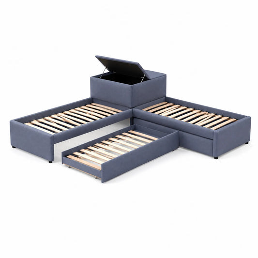 Lit gigogne modulable avec rangement en tissu polyester bleu