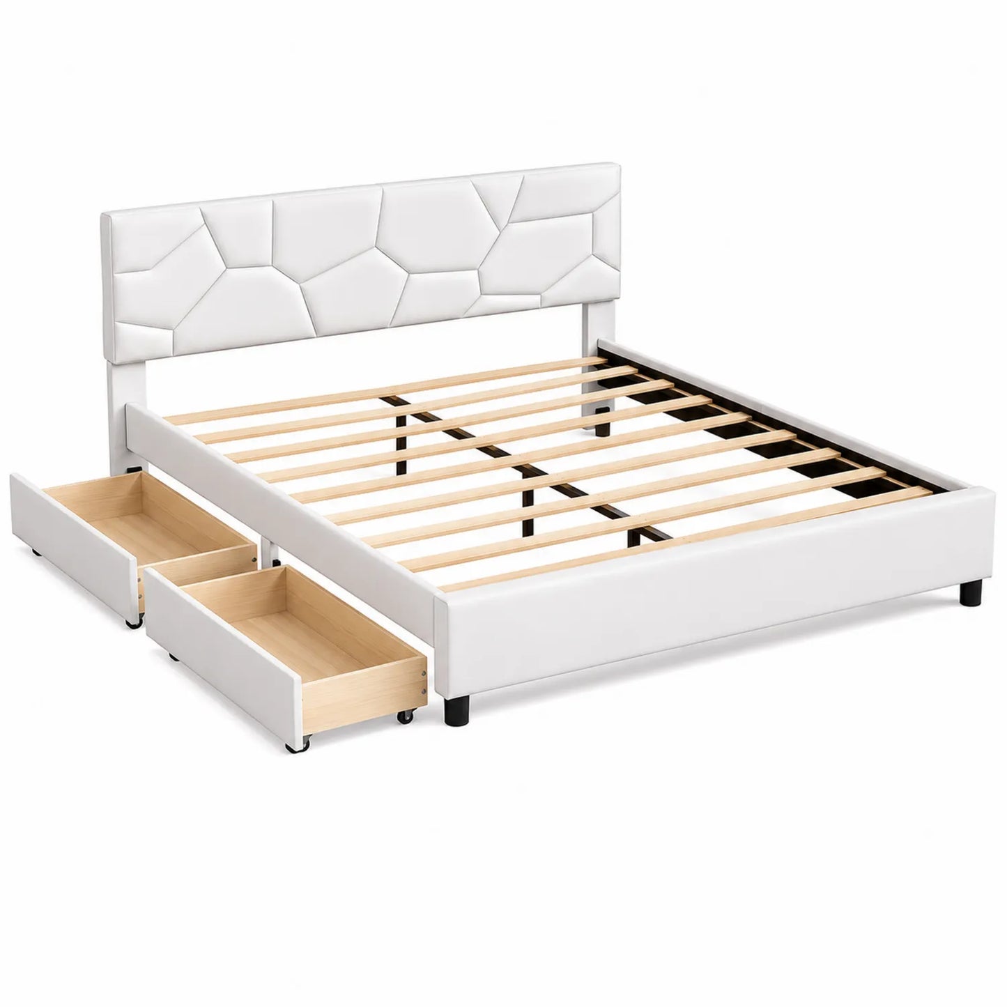 Lit double en bois avec tête de lit rembourrée et tiroirs de rangement en similicuir blanc 160x200 cm
