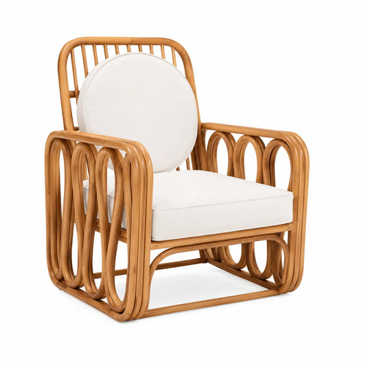 Fauteuil en rotin avec coussins en coton blanc