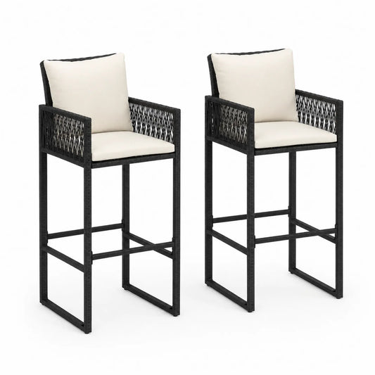 Chaises de bar en résine tressée avec coussins, lot de 2