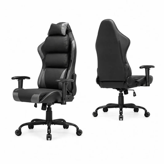 Chaise de bureau en cuir PU noir et gris avec accoudoirs réglables
