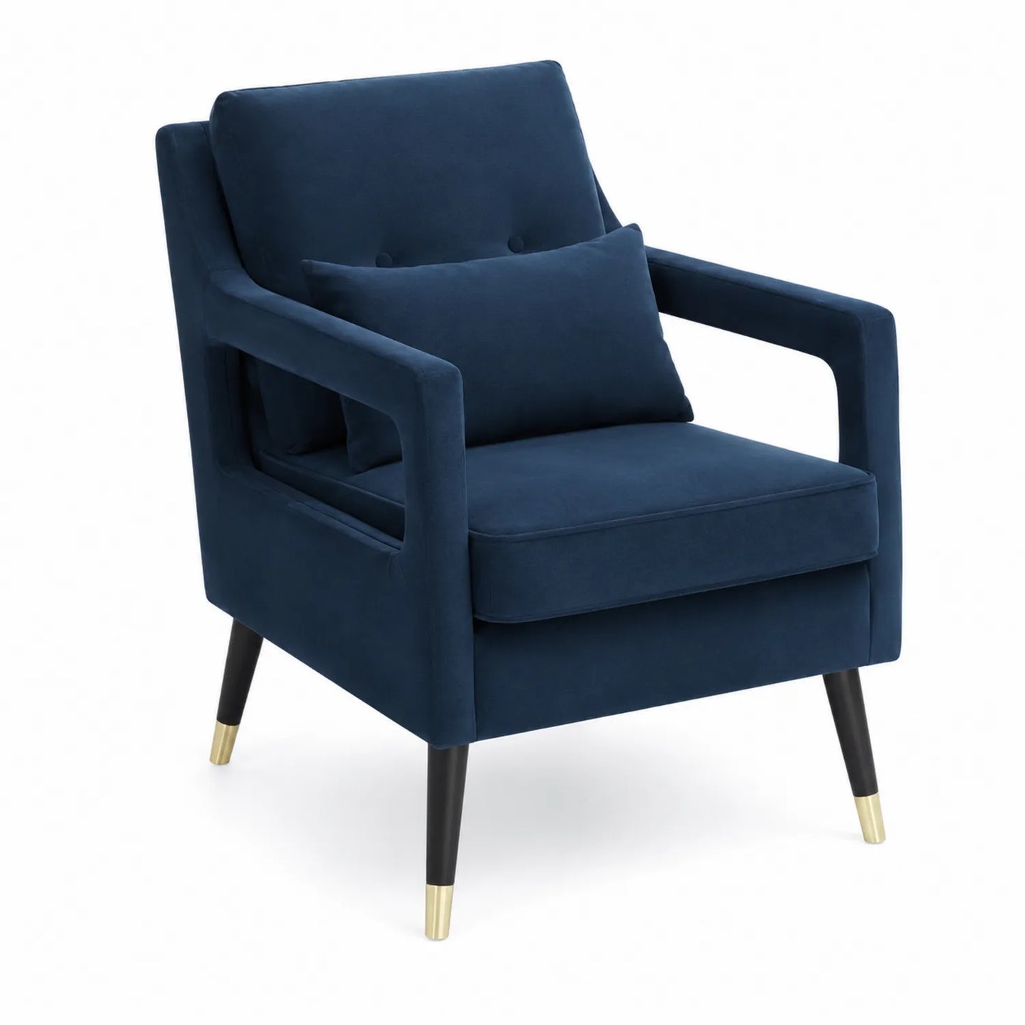 Fauteuil en velours bleu avec pieds en bois et métal