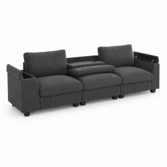 Canapé droit trois places en tissu polyester anthracite avec rangement intégré
