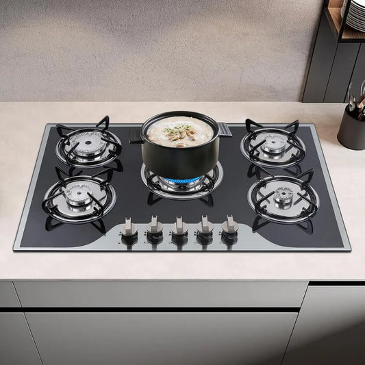 Plaque de cuisson gaz 5 brûleurs, encastrable, réglages indépendants, compatible verre, céramique, fer, inox