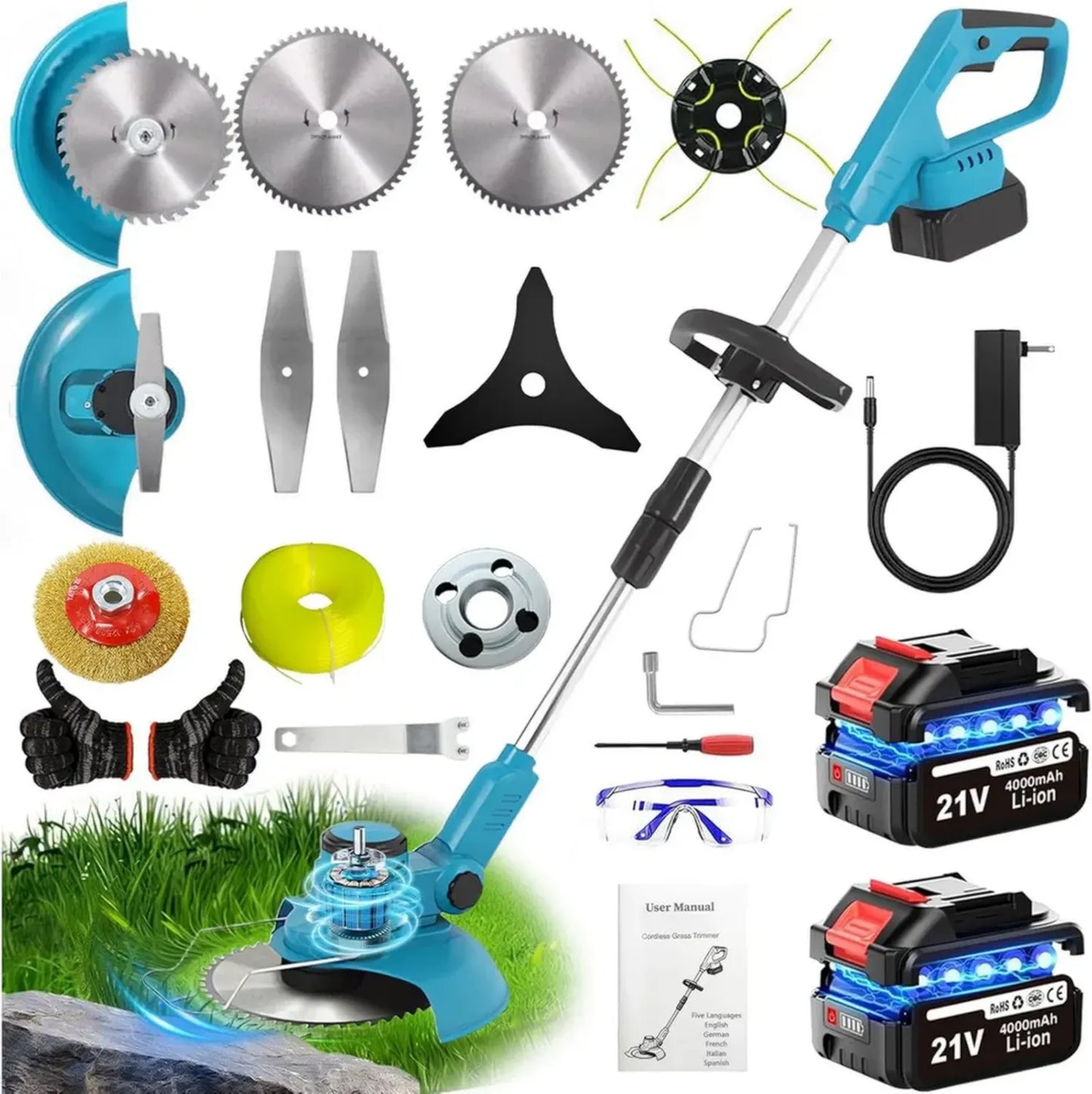 Débroussailleuse Électrique Sans Fil 1000W, Coupe-Bordure avec Double Batterie 4Ah, 20cm de Coupe, 5 Types de Lames et Brosse de Désherbage