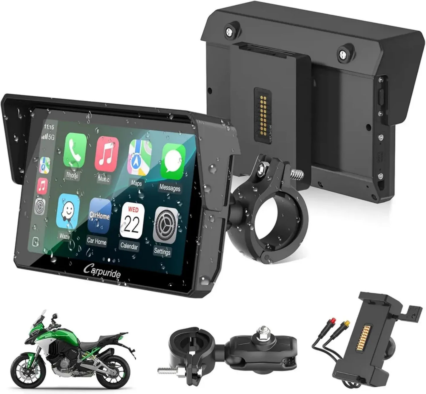 Carpuride W502S Pro GPS Moto 5'' étanche avec Carplay/Android Auto sans fil, support BM05 inclus, Bluetooth, contrôleur filaire et navigation