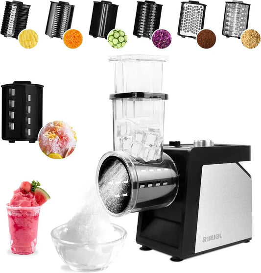 Trancheuse de Légumes Électrique 250W, Multifonction 7 en 1 avec 7 Lames, Idéale pour Glace, Fromage et Carottes, Acier Inoxydable, 220V, Prise UE