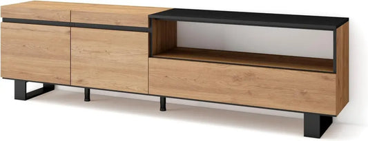 Meuble TV Industriel en Chêne et Noir 200cm, Grand Espace de Rangement, Compatible TV jusqu'à 80 pouces