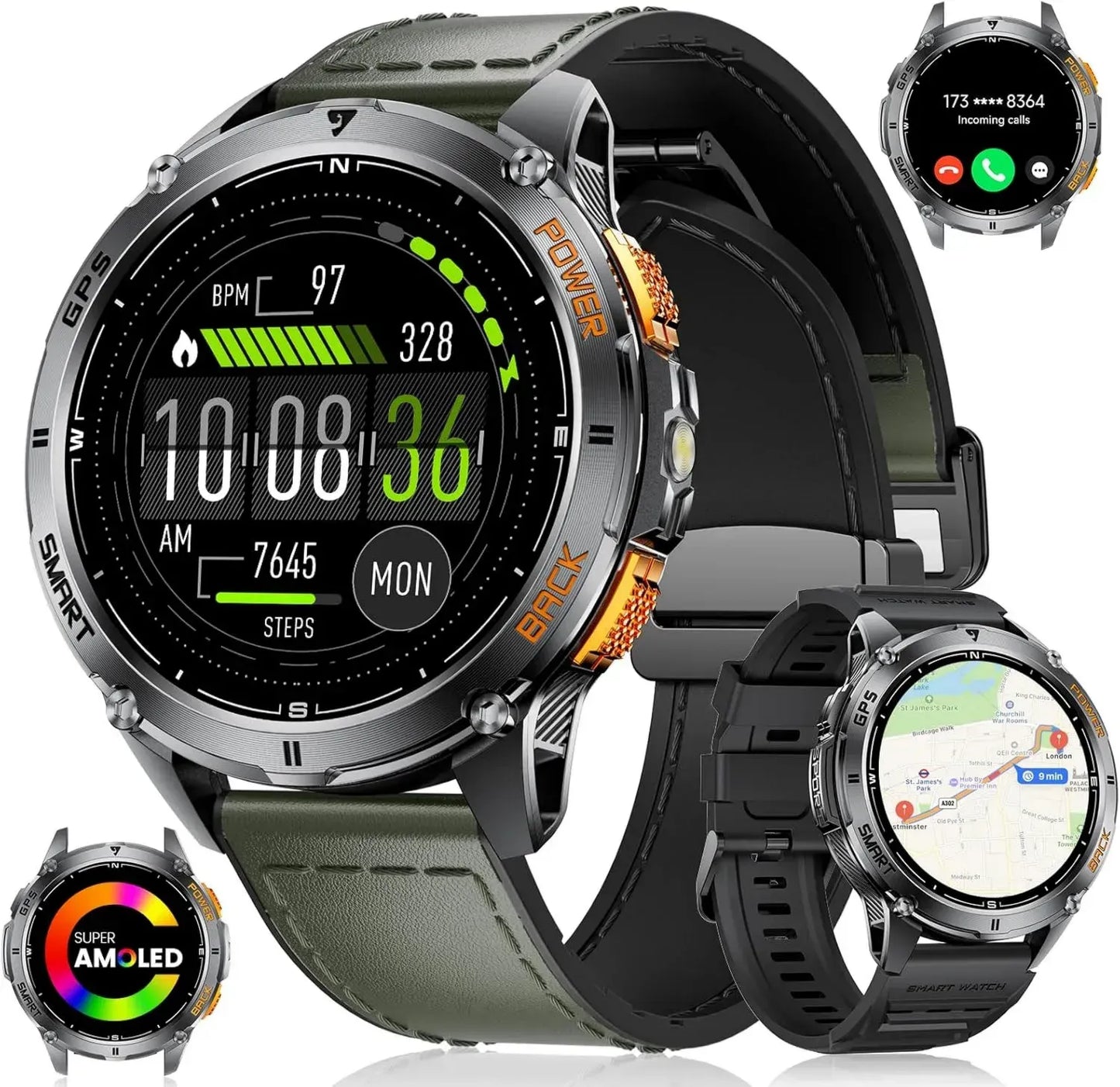 Montre Intelligente Homme LIGE 1.43" AMOLED GPS, Lampe LED, Suivi Activité 110+ Modes, iOS et Android