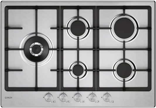 Plaque de Cuisson à Gaz 5 Feux Candy, Inox, Brûleur Double Couronne, Grilles Lave-vaisselle, Dimension 74,5 x 51 cm