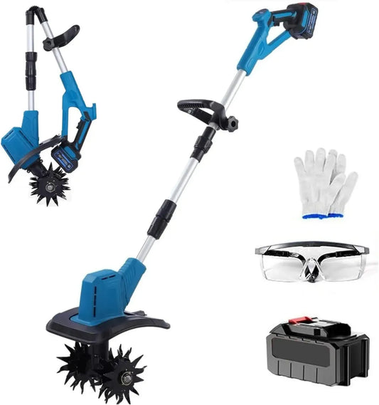 Motoculteur Électrique Sans Fil 21V, Compact et Réglable, Largeur 30 cm, Profondeur 20 cm, 4 Rangées de Lames, Batterie Unique 10 Cellules