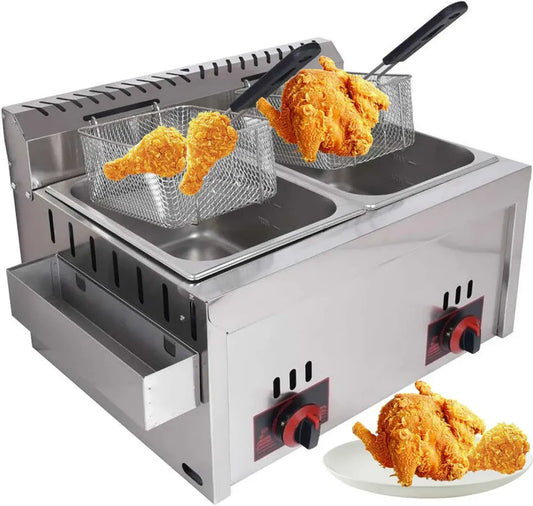 Friteuse à gaz commerciale en inox avec puissance ajustable, 10L, paniers et couvercle inclus