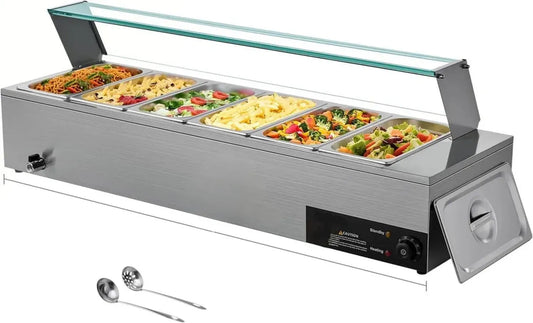 VEVOR Buffet Chauffant Électrique 1500 W, Bain-Marie en Acier Inoxydable avec 6 Compartiments et Couvercle en Verre, Idéal pour Libre-Service