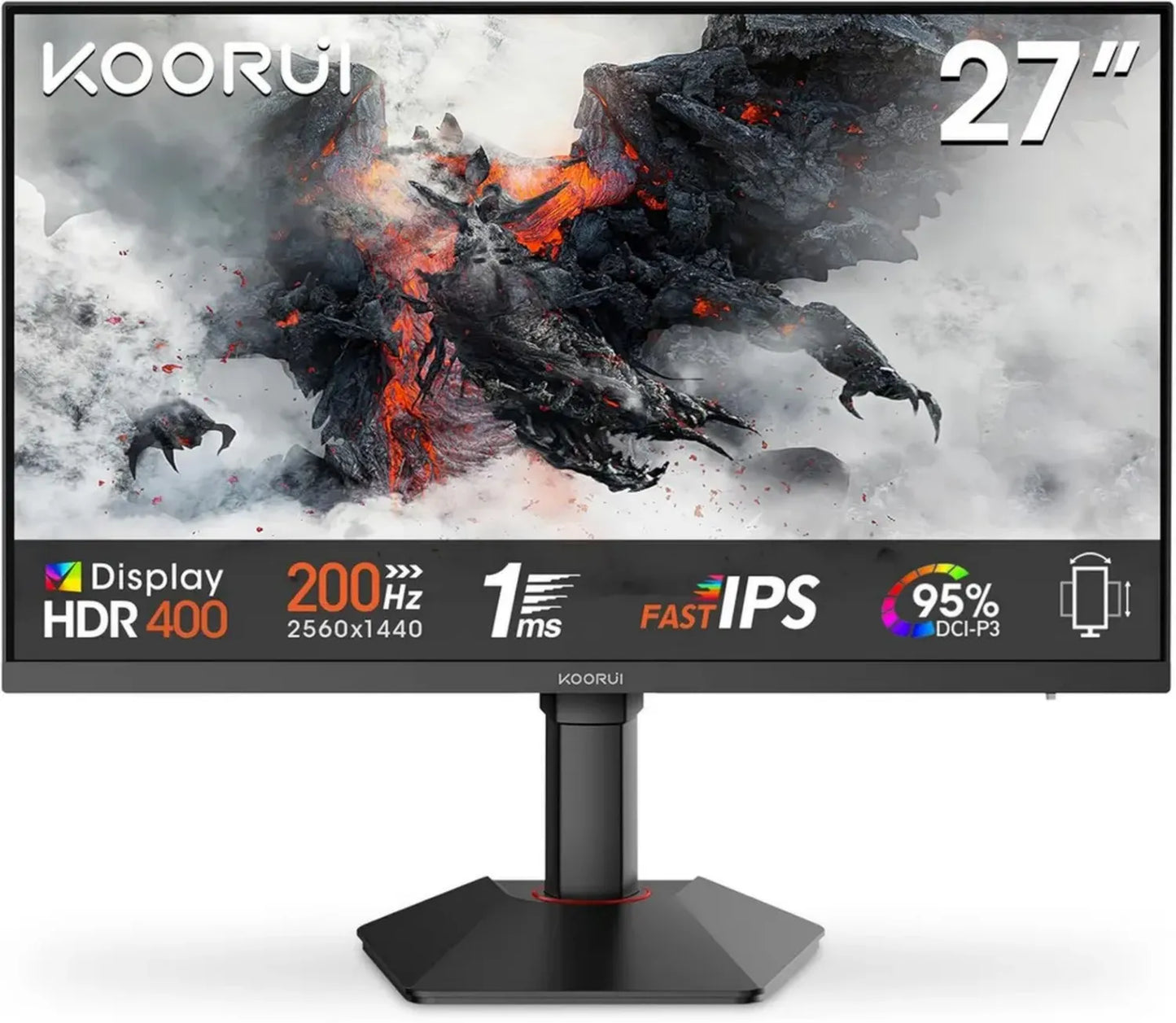 Moniteur Gaming KOORUI 27" 200Hz, QHD 1440P, IPS Rapide, 1ms, HDR400, Adaptive Sync, HDMI/DP, Réglable en Hauteur