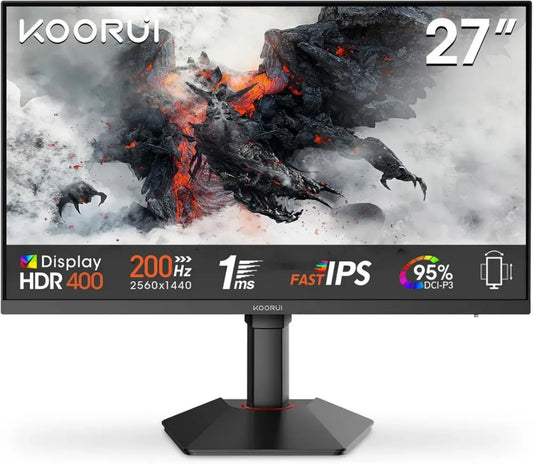 Moniteur Gaming KOORUI 27" 200Hz, QHD 1440P, IPS Rapide, 1ms, HDR400, Adaptive Sync, HDMI/DP, Réglable en Hauteur