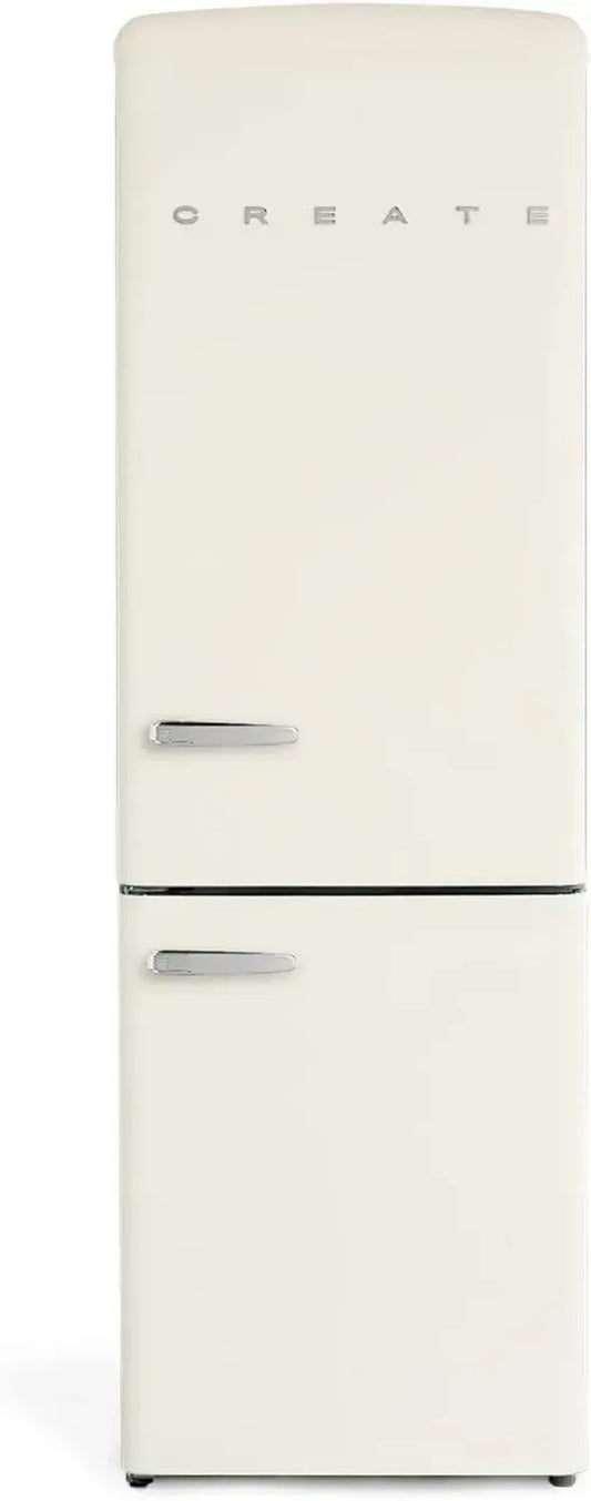 Réfrigérateur Combiné Vintage Blanc Cassé, Congélateur Inclus, Ouverture 135°, Grande Capacité 330L