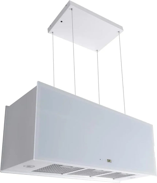 Hotte de Plafond GURARI 90 cm, 1000 m³/h, Verre Blanc, 4 Niveaux, Écran LED