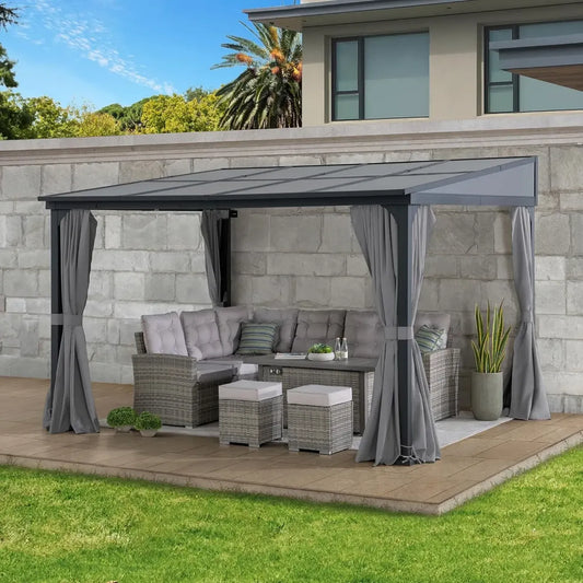 Pergola Murale en Aluminium 3x3,6m avec Toit en Polycarbonate et Rideaux