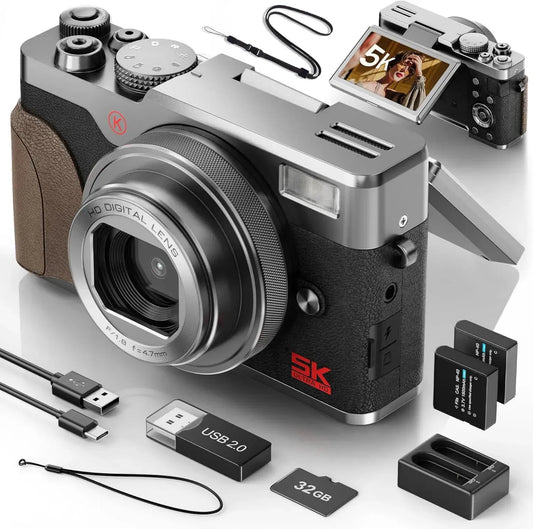 Appareil Photo Numérique 5K 64MP avec Écran Tactile et Zoom 18x, Design Rétro, Inclut Carte 64 Go et 2 Batteries, Argent