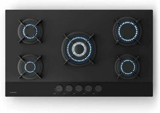 Klarstein Velaire Cuisinière à Gaz 5 Brûleurs - 10400W, Surface en Verre, Allumage Électrique, Sécurité Anti-Flamme, Compatible GPL et Gaz Naturel, 90cm avec Kit Tuyau et Régulateur
