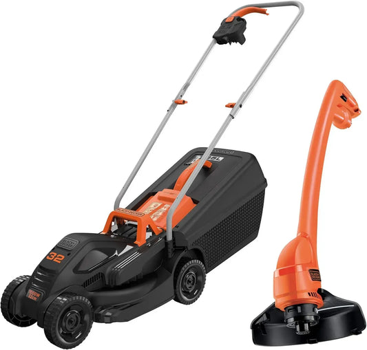 Ensemble Tondeuse à Gazon 1000W et Coupe-Bordures 250W BLACK+DECKER, 32 cm, Hauteur Réglable, Déroulement Automatique